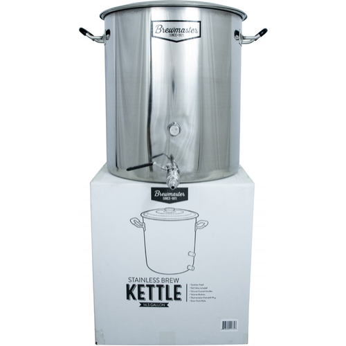 Brewmaster 14 Gallon Brew Kettle | Stainless Steel | Two Welded Couplers | Ball Valve Included | Silicone Handle Grips | Volume Markers